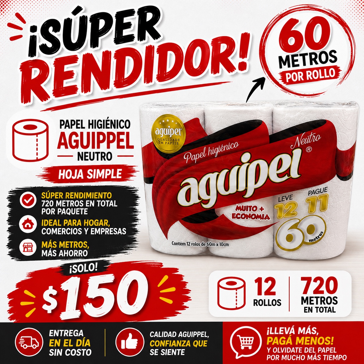 Aguipel Neutro: 12 rollos de 60 metros, 720 metros en total, a $150