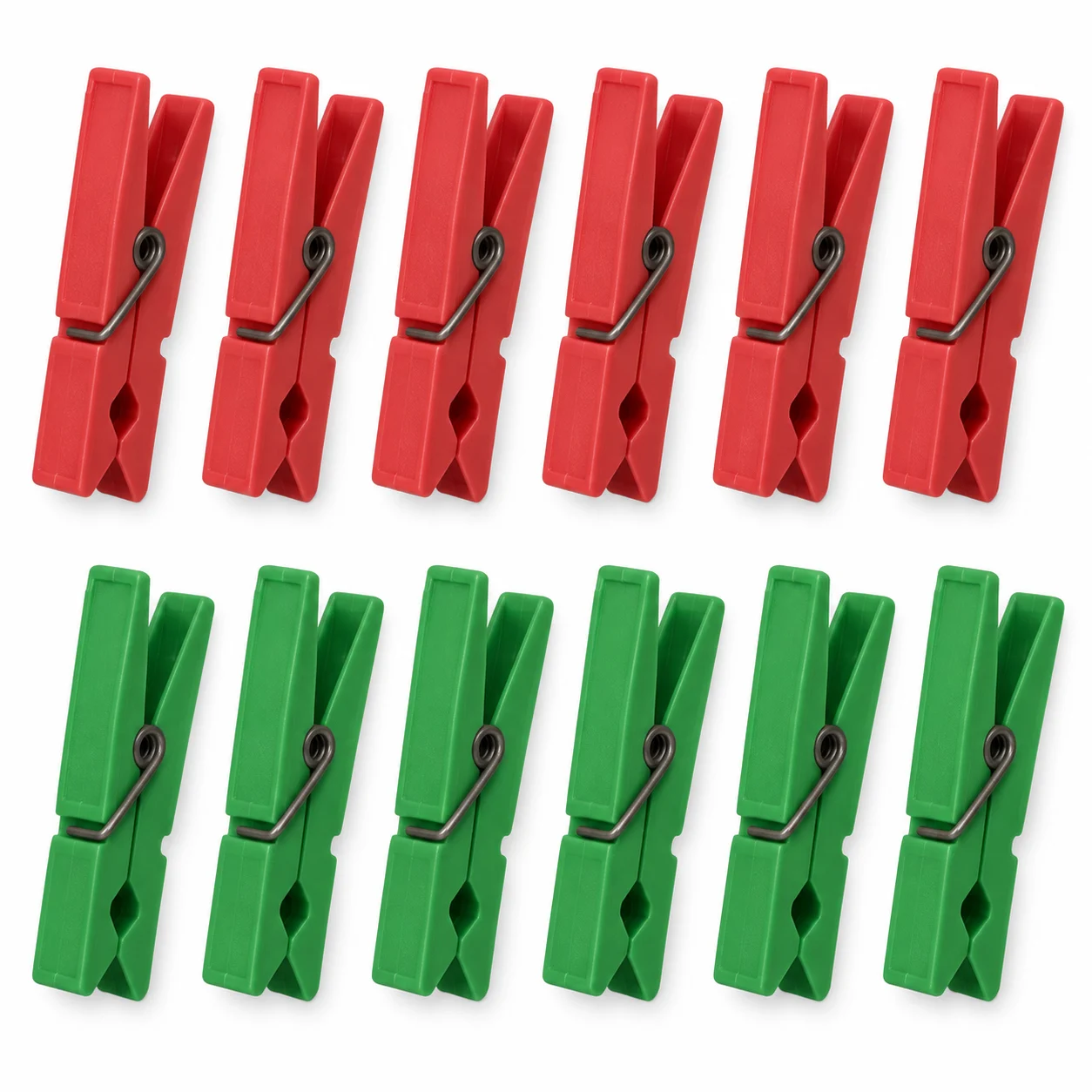 Docena de broches plásticos para ropa en colores rojo y verde